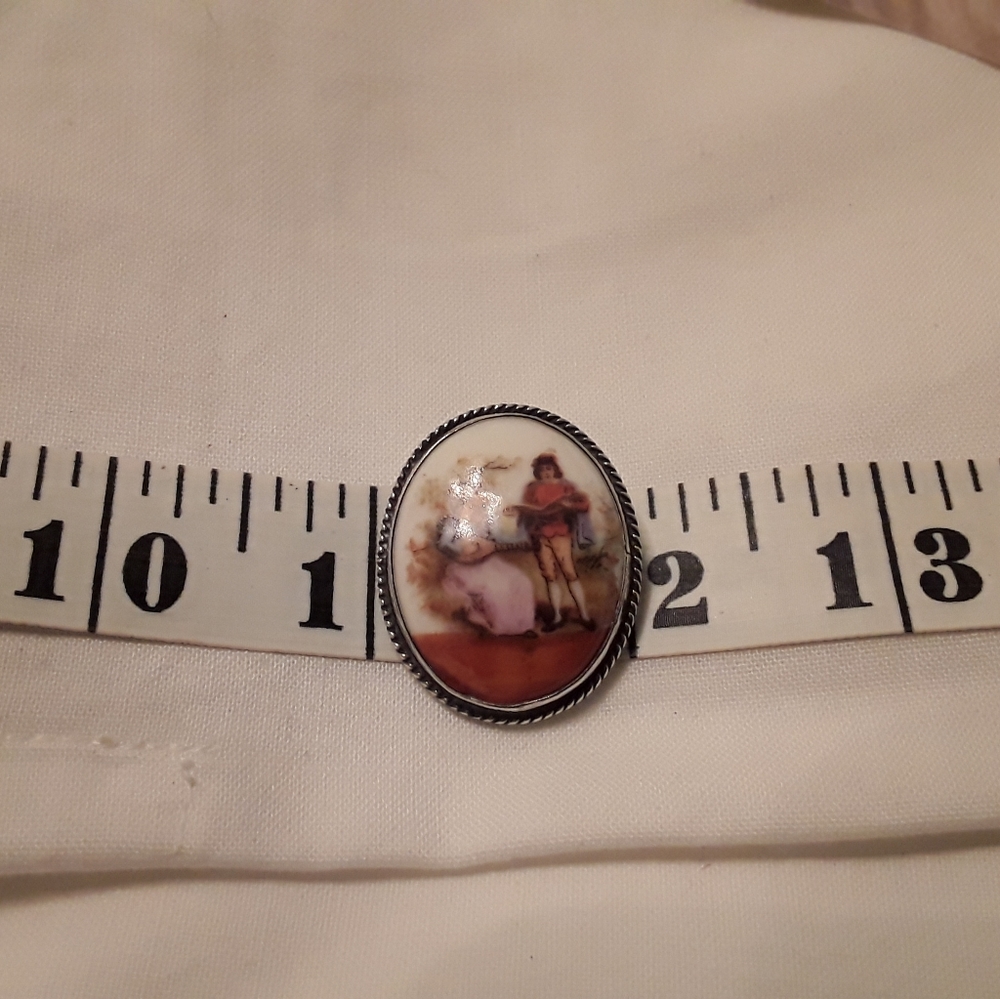 VTG 925 STERLING CAMEO PORCELAIN MINSTREL BROOCH - Picture 5 of 8